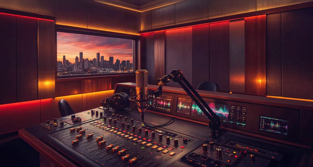 La Que Buena 105.1 radio en Chicago: cabina de radio con micrófono y consola para escuchar la frecuencia 105.1 FM en vivo