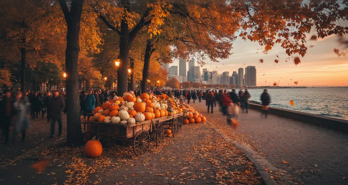Eventos en Chicago octubre 2026: multitud caminando entre hojas de otoño con el skyline de Chicago y calabazas iluminadas