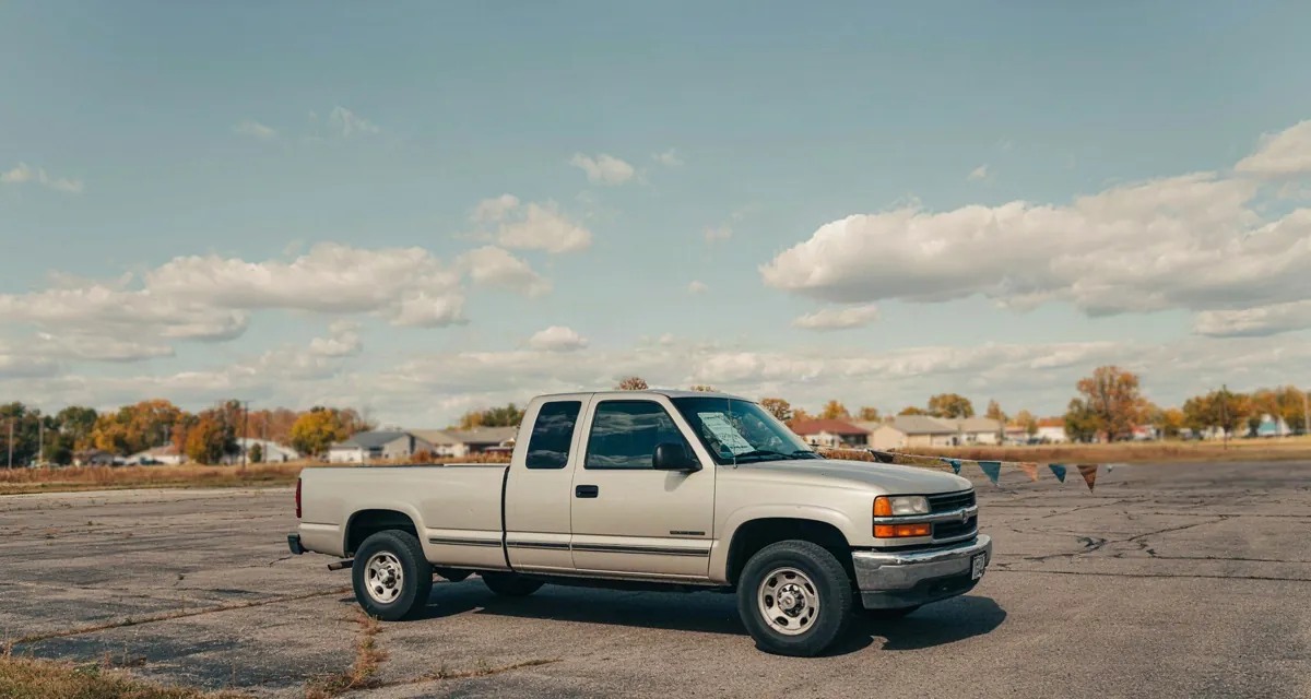 Trocas y camionetas usadas en Chicago: pick-up usada con etiqueta de precio en un lote de venta del área metropolitana de Chicago
