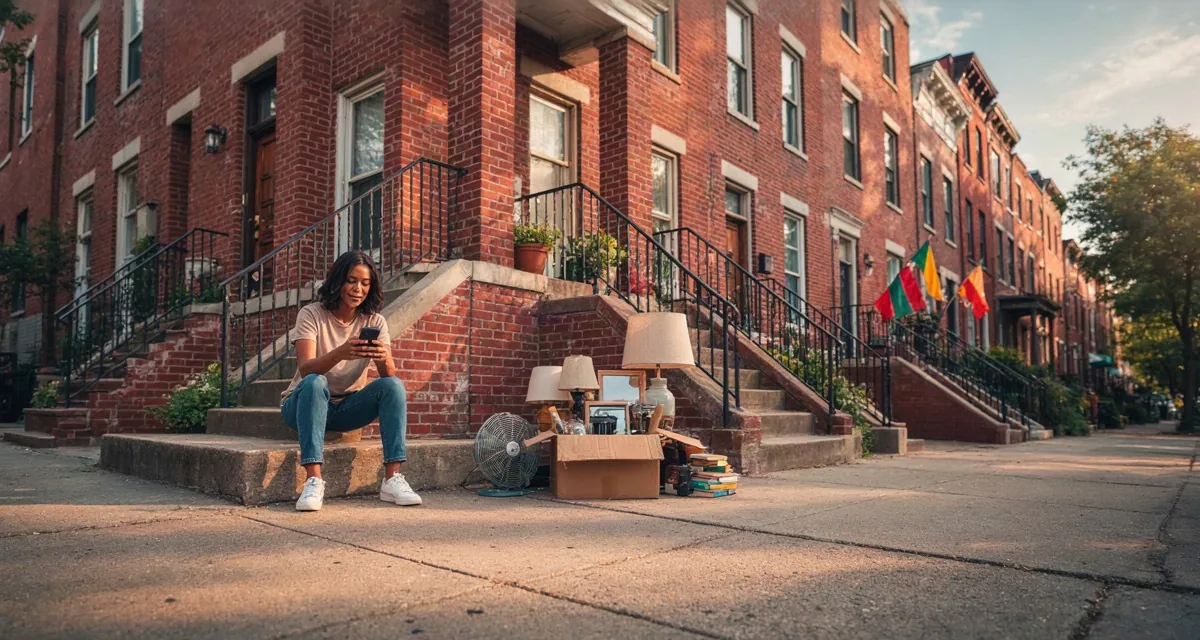 Anuncios clasificados en Chicago en español: persona publicando un aviso de compra y venta desde el teléfono en un barrio hispano
