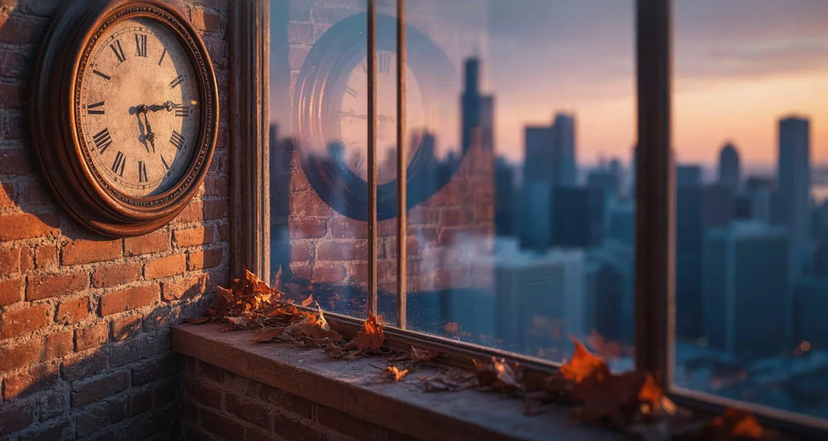 Guía visual sobre cuando cambia la hora en chicago en 2026: reloj de pared frente al skyline de la ciudad con luz de atardecer de otoño