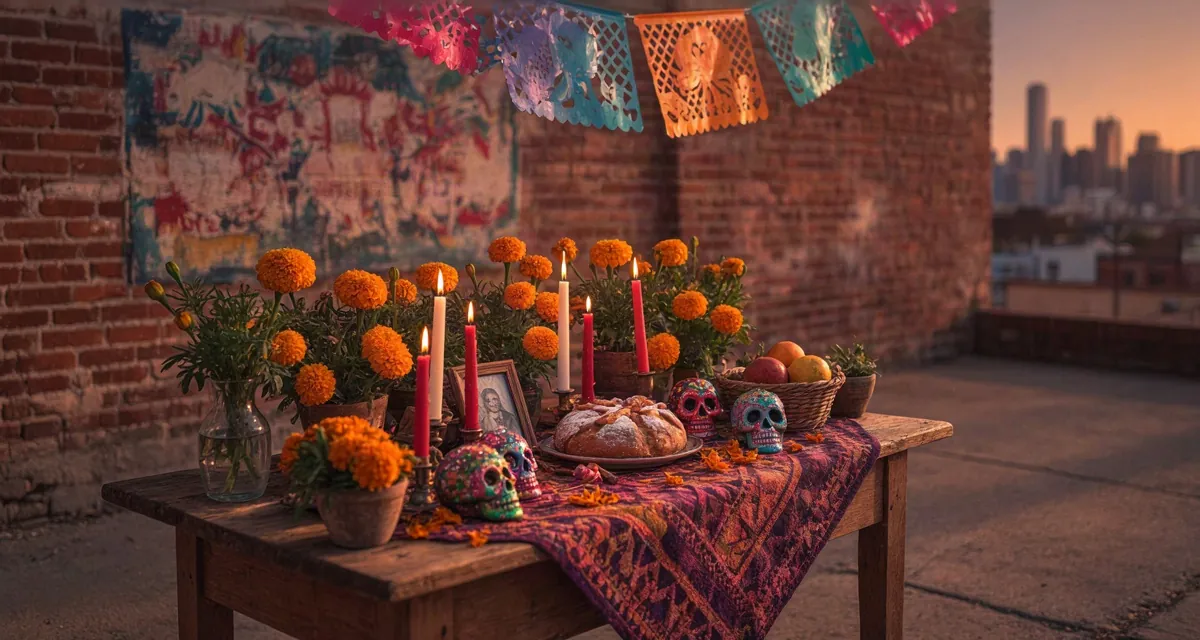 Guía de dia de muertos en chicago: ofrenda con cempasúchil, calaveritas de azúcar y pan de muerto en un patio de Pilsen con el skyline de la ciudad al fondo
