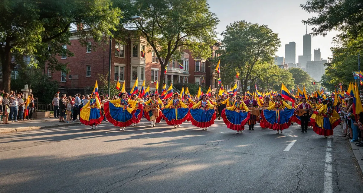 Fiesta ecuatoriana en chicago 2026: comparsa con banderas de Ecuador y bailarines con trajes folclóricos durante el desfile de la Ecuatorianidad en un barrio de Chicago