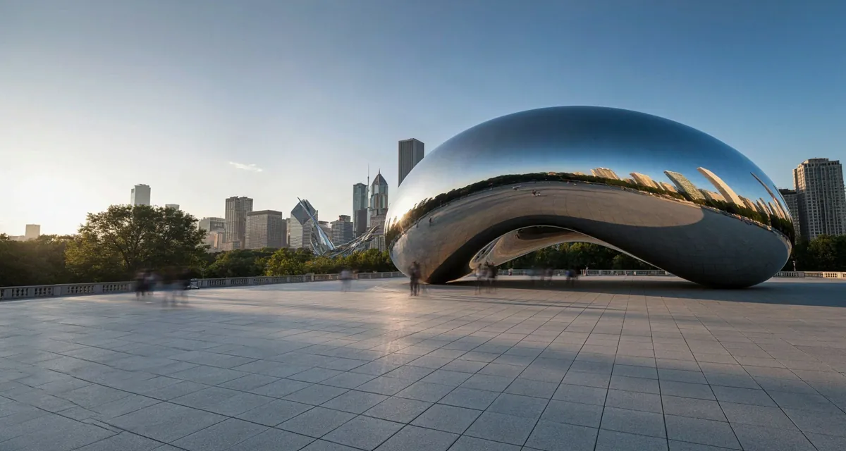 El frijol en chicago (Cloud Gate) reflejando el skyline de Millennium Park: escultura de acero de Anish Kapoor que se visita gratis todo el año