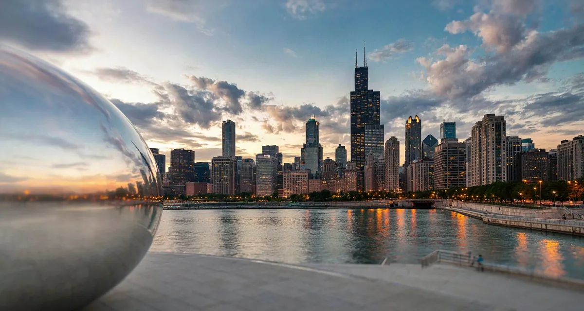 Skyline de Chicago al atardecer con el reflejo de Cloud Gate, los 10 lugares que visitar en Chicago en 2026