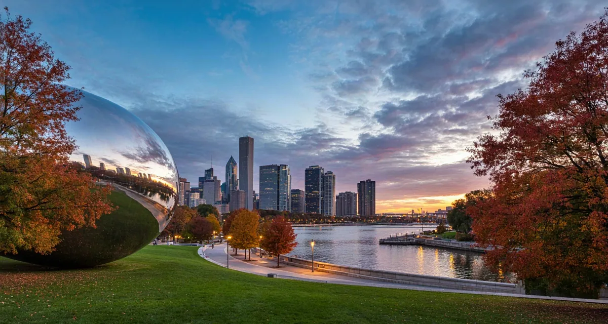 35 cosas que hacer en Chicago: skyline del Loop y el Cloud Gate vistos desde el lago Michigan en una tarde de otoño